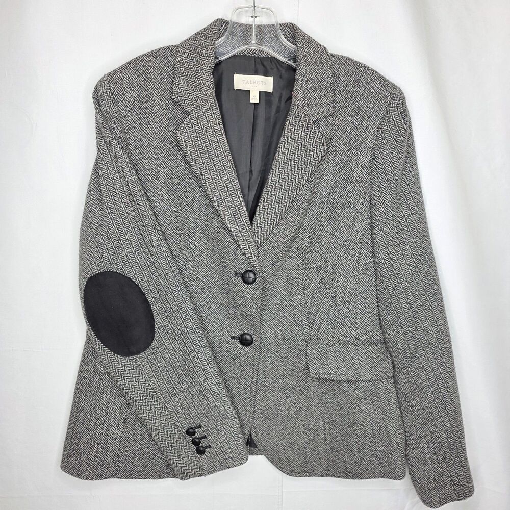 Talbots Blazer Womens Sz 10 Herringbone Wool Blend Elbow Patch Preppy Officewear